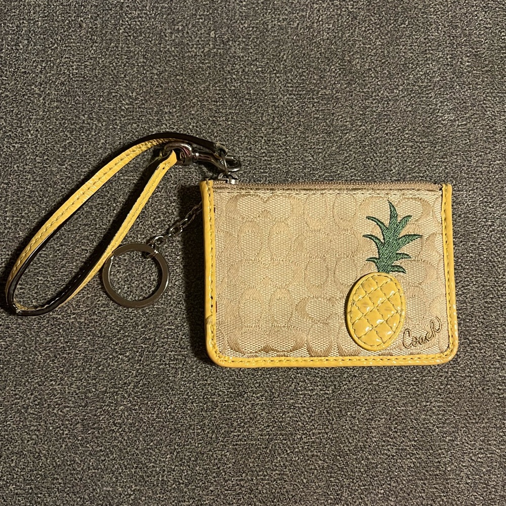 Coach Tan & Yellow Pineapple Small Coin Purse. Good Preowned Condition